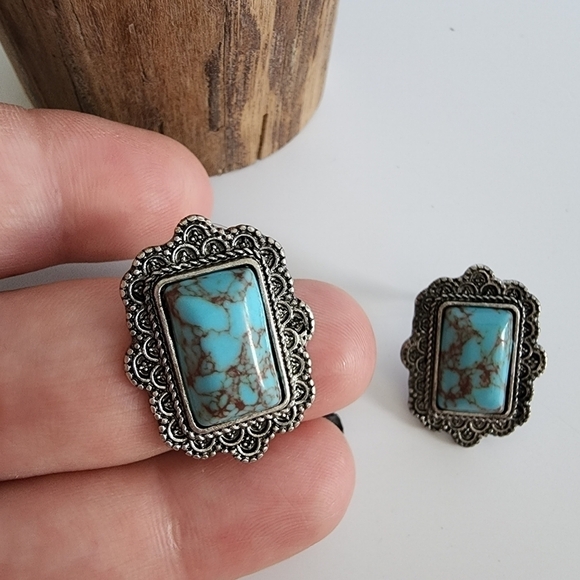 NEW Turquoise Rectangle Antique Metal Stud Earrings Boho - Picture 4 of 6